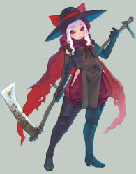 Rule 34 | axe, gloves, hat, red eyes, scythe, simple background, solo, weapon, weno, white hair