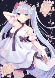 Rule 34 | 1girl, absurdly long hair, anniversary, aqua eyes, aqua hair, artist name, artist request, bare shoulders, black bow, black ribbon, blue eyes, blue hair, bow, bowtie, breasts, chosu, cleavage, collarbone, dress, dress bow, female focus, flower, hair flower, hair ornament, hatsune miku, highres, long hair, pink flower, puffy short sleeves, puffy sleeves, red flower, ribbon, short sleeves, skirt, small breasts, solo, standing, standing on one leg, thighhighs, twintails, very long hair, vocaloid, white dress, white skirt, white thighhighs