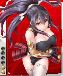 Rule 34 | 00s, 1girl, bare shoulders, black hair, breasts, card (medium), card (r), card (red-r), cleavage, covered erect nipples, female focus, large breasts, leaning forward, lilith-soft, long hair, looking at viewer, nobushito kuro, ponytail, red eyes, smile, solo, sword, taimanin (series), taimanin asagi, taimanin asagi battle arena all card gallery, taimanin asagi kessen arena, weapon, yamato eri
