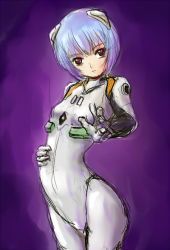 Rule 34 | 1girl, arched back, ayanami rei, blue hair, bodysuit, breasts, cowboy shot, expressionless, from side, gloves, hair ornament, hand on own stomach, head tilt, interface headset, looking at viewer, neon genesis evangelion, non-web source, pilot suit, plugsuit, red eyes, short hair, simple background, sketch, small breasts, solo, turtleneck