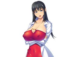 Rule 34 | 1girl, black hair, blue eyes, blush, breasts, cleavage, collarbone, crossed arms, dress, covered erect nipples, game cg, huge breasts, kamina koharu, lab coat, long hair, long sleeves, looking at viewer, nail polish, oneechan no sourou kaizen lesson: dashi sugi ni go chuui yo, parted lips, raised eyebrows, red dress, simple background, smile, solo, standing, upper body, white background