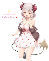 Rule 34 | 1girl, nanashi inc., ;d, bare shoulders, blush, breasts, character name, cleavage, demon girl, demon tail, double bun, dress, gradient hair, hair bun, hair ornament, hairclip, haniwa (leaf garden), happy birthday, headpiece, heart, heart print, highres, honey strap, jacket, looking at viewer, medium breasts, multicolored hair, off-shoulder dress, off shoulder, one eye closed, open clothes, open jacket, open mouth, orange eyes, pink hair, pointy ears, print dress, short dress, short hair, silver hair, smile, solo, streaked hair, suou patra, tail, v, virtual youtuber