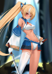 Rule 34 | 1girl, absurdres, bare shoulders, bikini, blonde hair, blush, breasts, cleavage, dark-skinned female, dark elf, dark skin, detached sleeves, elf, gloves, highres, holding, holding sword, holding weapon, hololive, katana, looking at viewer, medium breasts, multicolored hair, navel, pointy ears, ponytail, red eyes, rifufu, sheath, shiranui flare, shiranui flare (old design), single thighhigh, solo, streaked hair, swimsuit, sword, thighhighs, two-tone hair, virtual youtuber, weapon, white bikini, white gloves, white hair, white thighhighs