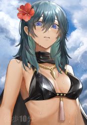Rule 34 | 1girl, adapted costume, artist name, bare shoulders, bikini, black bikini, black cape, blue eyes, blue hair, breasts, byleth (female) (fire emblem), byleth (female) (summer) (fire emblem), byleth (fire emblem), cape, cleavage, cloud, cloudy sky, commentary request, day, fire emblem, fire emblem: three houses, flower, hair between eyes, hair flower, hair ornament, hibiscus, highres, jewelry, long hair, medium breasts, necklace, nintendo, official alternate costume, outdoors, parted lips, red flower, sky, solo, swimsuit, tassel, toho10min, upper body, water drop, wet
