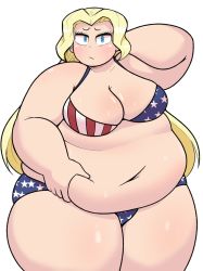 Rule 34 | 1girl, america (ohasi), american flag bikini, arm behind head, belly, belly grab, bikini, blonde hair, blue eyes, borrowed character, breasts, closed mouth, collarbone, embarrassed, fat, flag print, highres, large breasts, long hair, midnitemorty, navel, obese, original, pale skin, solo, sweat, swimsuit, thick thighs, thighs, white background