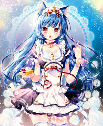 Rule 34 | alice (alice in wonderland), animal ears, blue hair, blueberry, bow, breasts, cake, cat, cat ears, chestnut mouth, cleavage, commentary request, dress, food, fork, frilled dress, frills, fruit, highres, kamiya maneki, long hair, maid, maid headdress, original, red eyes, solo, tart (food), thighhighs, whipped cream, white thighhighs, zettai ryouiki