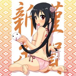 Rule 34 | 1girl, ass, barefoot, bikini, black hair, blush, brown eyes, butt crack, feet, flat chest, hair ornament, highres, k-on!, k10k, long hair, looking at viewer, looking back, mouth hold, nakano azusa, side-tie bikini bottom, sitting, soles, solo, swimsuit, toes, twintails, very long hair, wariza
