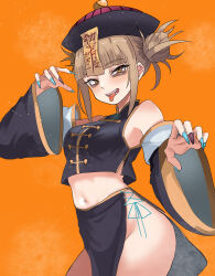 Rule 34 | 1girl, absurdres, alternate costume, bags under eyes, bare hips, bare shoulders, blonde hair, blunt bangs, boku no hero academia, breasts, chinese clothes, cowboy shot, detached sleeves, double bun, fangs, fingernails, hair bun, halloween, halloween costume, highres, jiangshi, loincloth, long fingernails, looking at viewer, medium breasts, messy hair, midriff, multicolored nails, narrowed eyes, navel, open mouth, orange background, simple background, skirt, slit pupils, smile, solo, toga himiko, tongue, tongue out, tsurime, wide sleeves, yellow eyes, zd (pixiv6210083), zombie