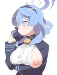 Rule 34 | 1girl, ako (blue archive), arm under breasts, bad id, bad twitter id, bell, black hairband, blue archive, blue eyes, breasts, collar, commentary request, futapi, gloves, hair between eyes, hairband, halo, highres, large breasts, long sleeves, neck bell, nipples, one breast out, sideboob, simple background, solo, twitter username, upper body, white background