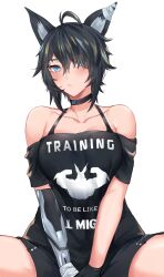 Rule 34 | 1girl, absurdres, ahoge, animal ear fluff, animal ears, bandages, black hair, black shorts, blue eyes, blush, bra strap, choker, clothes writing, commission, cup, gloves, highres, kisu, looking at viewer, mechanical arms, off-shoulder shirt, off shoulder, rd (ardeee), shirt, shorts, single mechanical arm, vrchat, wolf ears
