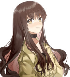 Rule 34 | 10s, 1girl, brown eyes, brown hair, choker, collarbone, fate/extra, fate (series), hellos, highres, jacket, kishinami hakuno (female), long hair, looking at viewer, simple background, solo, upper body, very long hair, white background