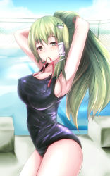 Rule 34 | 1girl, adjusting bow, adjusting hair, armpits, arms behind head, black one-piece swimsuit, bow, breasts, cloud, covered erect nipples, day, frog hair ornament, green eyes, green hair, hair ornament, hair tubes, hairdressing, kochiya sanae, large breasts, long hair, matching hair/eyes, mouth hold, nekonayasai, one-piece swimsuit, outdoors, pool, poolside, reflection, ribbon, school swimsuit, shadow, sky, smile, snake hair ornament, solo, swimsuit, touhou, water