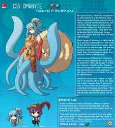 Rule 34 | 1boy, 1girl, artist name, bag, bare shoulders, black eyes, blue hair, bracelet, breasts, character name, character profile, clothes, commentary, company connection, creatures (company), domino mask, english text, full body, game freak, gen 1 pokemon, hat feather, highres, jewelry, kinkymation, long hair, looking at viewer, mask, medium breasts, monster girl, nintendo, omanyte, personification, pokemon, purple eyes, purple hair, red shawl, shawl, shell, short hair, skirt, splatoon (series), tentacle hair