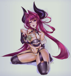 Rule 34 | 1girl, bare shoulders, between breasts, black thighhighs, blue eyes, borrowed character, breasts, cleavage, collaboration, colorized, curvy, demon horns, detached sleeves, eu03, garter straps, horns, kneeling, large breasts, long hair, looking at viewer, lyn (shunao), midriff, money, tucked money, navel, open mouth, original, pink hair, seiza, sitting, smile, solo, thick thighs, thighhighs, thighs, tsunoko, twintails, very long hair, wide hips