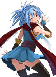 Rule 34 | 1girl, ;p, ass, black thighhighs, blue dress, blue hair, blush, breasts, closed mouth, commentary request, cowboy shot, dress, looking at viewer, looking back, medium breasts, medium hair, ninja (ragnarok online), nueco, one eye closed, ragnarok online, red eyes, red scarf, scarf, simple background, sketch, solo, thighhighs, tongue, tongue out, twitter username, white background
