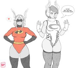 Rule 34 | 2girls, absurdres, adapted costume, animal ears, artist name, boku no hero academia, breasts, commentary, cosplay, costume switch, crossover, elastigirl, elbow gloves, english commentary, english text, ettso, gloves, hands on own hips, hands up, heart, helen parr, highleg, highleg leotard, highres, leotard, long eyelashes, looking at another, mature female, mirko, multiple girls, o3o, partially colored, rabbit ears, rabbit girl, short hair, skin tight, sleeveless turtleneck leotard, speech bubble, spoken heart, spot color, superhero costume, the incredibles, thighhighs, white background