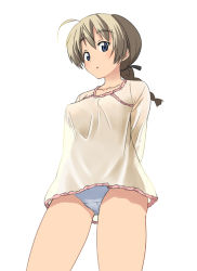 Rule 34 | 00s, 1girl, bad id, bad pixiv id, blue eyes, braid, brown hair, kakifly, long hair, lynette bishop, no pants, panties, see-through, single braid, solo, strike witches, underwear, world witches series