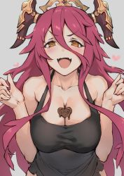Rule 34 | 1girl, blush, breasts, candy, chocolate, chocolate heart, chocolate on body, chocolate on breasts, cleavage, collarbone, cygames, dragalia lost, fang, grey background, haoni, heart, highres, horns, large breasts, long hair, mym (dragalia lost), nintendo, open mouth, red hair, simple background, skin fang, solo, tiara, yellow eyes