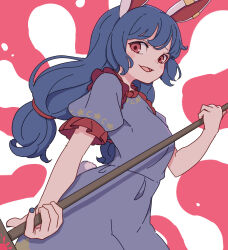Rule 34 | 1girl, absurdres, ambiguous red liquid, animal ears, blue dress, blue hair, blue nails, blush stickers, dress, earclip, fingernails, frilled sleeves, frills, highres, holding, kame (kamepan44231), kine, long hair, mallet, nail polish, one-hour drawing challenge, open mouth, rabbit ears, red eyes, seiran (touhou), short sleeves, solo, touhou