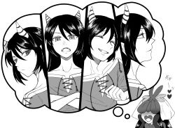 Rule 34 | 2girls, blush, closed eyes, commentary request, covered eyes, fangs, flower, flower on head, greyscale, grin, hair between eyes, heart-shaped mouth, horns, imagining, long bangs, long hair, looking at viewer, monochrome, multiple girls, multiple views, nippaku zanmu, oni tama, open mouth, shirt, simple background, slit pupils, smile, touhou, upper body, yomotsu hisami
