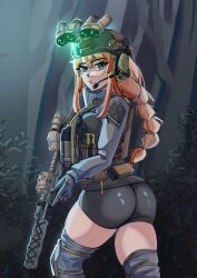Rule 34 | 1girl, absurdres, ammunition pouch, ass, assault rifle, belt, belt pouch, black shorts, bulletproof vest, ear protection, gloves, grey eyes, gun, headset, helmet, highres, holding, holding gun, holding weapon, huge ass, indie virtual youtuber, knee pads, load bearing vest, long braid, long hair, magazine (weapon), mole, mole under eye, night vision device, open mouth, optical sight, orange hair, pouch, rifle, shorts, skin tight, solo, strap, suppressor, tactical clothes, tascalate, thick thighs, thighs, two-tone gloves, virtual youtuber, weapon, whiskey project