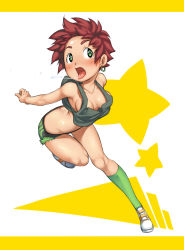Rule 34 | 1girl, arms behind back, blush, breasts, collarbone, downblouse, earrings, full body, green eyes, green socks, highres, jewelry, kneehighs, leg lift, leg up, medium breasts, midriff, open mouth, original, red hair, running, saliva, saliva trail, shoes, short hair, short shorts, shorts, socks, solo, standing, standing on one leg, star (symbol), tank top, tongue, tongue out, yanoodle