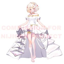 Rule 34 | absurdres, akatsukidapda, clothes lift, commission, dress, frilled dress, frills, hair ornament, highres, light smile, multicolored hair, nijigen project, nika lan linh, pink gemstone, red eyes, short hair, single thighhigh, skirt, skirt lift, smile, thigh strap, thighhighs, vietnamese commentary, virtual youtuber, wedding dress, white background, white dress, white footwear, white thighhighs
