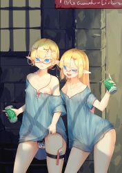 Rule 34 | 2girls, asymmetrical bangs, blonde hair, blue eyes, blue shirt, breasts, can, covered erect nipples, cowboy shot, dress shirt, hair ornament, hairclip, hand on another&#039;s neck, highres, kearful, long hair, multiple girls, nipple piercing, nipple slip, nipples, object insertion, original, piercing, semi-rimless eyewear, sex toy, shirt, short hair, small breasts, smug, vaginal, vaginal object insertion, vibrator, vibrator in thigh strap, wall