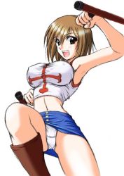 Rule 34 | 00s, 1girl, abu, armpits, boots, breasts, brown eyes, brown hair, clothes lift, covered erect nipples, elie, happy, large breasts, midriff, miniskirt, navel, oekaki, open mouth, panties, pantyshot, pencil skirt, rave, short hair, skirt, skirt lift, sleeveless, smile, solo, tonfa, underwear, weapon, white panties