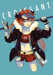 Rule 34 | 1girl, ahoge, arknights, arms up, black gloves, blue background, blue eyes, bomber jacket, breasts, brown jacket, buckle, character name, collarbone, commentary, cow girl, cow horns, cowboy shot, croissant (arknights), crop top, fur collar, gloves, gold belt, hair between eyes, hands up, highres, holding, holding weapon, horns, id card, jacket, looking at viewer, midriff, money gesture, navel, neck, open clothes, open jacket, orange hair, orange shirt, orange shorts, outstretched arms, over shoulder, pale skin, pants, parted lips, penguin logistics logo, peppsi (saba sabasuk0), red hair, shirt, short hair with long locks, short shorts, shorts, signature, small breasts, standing, stomach, visor cap, weapon, weapon over shoulder, white gloves