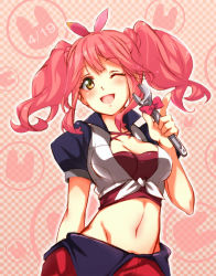 Rule 34 | 1girl, ;d, arm behind back, bow, breasts, checkered background, cleavage, crop top, groin, hair bow, holding, long hair, looking at viewer, macross, macross delta, makina nakajima, medium breasts, midriff, nagai (cwug3874), navel, one eye closed, open mouth, pink bow, pink hair, red bow, short sleeves, smile, solo, standing, stomach, twintails, yellow eyes
