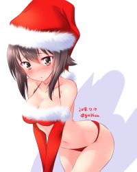 Rule 34 | 1girl, :o, bikini, blush, breasts, brown eyes, brown hair, christmas, cleavage, commentary, cowboy shot, dated, detached sleeves, frown, fur-trimmed bikini, fur trim, girls und panzer, hat, highres, kuzuryuu kennosuke, leaning forward, light frown, looking at viewer, medium breasts, navel, nishizumi maho, one-hour drawing challenge, open mouth, red bikini, red hat, red sleeves, santa costume, santa hat, short hair, solo, standing, swimsuit, thighs, twitter username, v arms, white background
