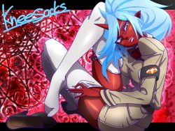 Rule 34 | 10s, 1girl, colored skin, fang, glasses, horns, kneesocks (psg), kohcy, md5 mismatch, panty &amp; stocking with garterbelt, ponytail, red skin, shoes, single shoe, solo, thighhighs, white thighhighs