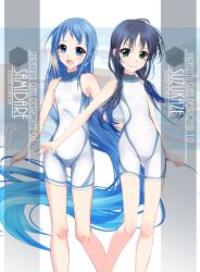 Rule 34 | 2girls, ahoge, alternate costume, artist name, black hair, blue eyes, blue hair, bodysuit, breasts, character name, commentary request, cowboy shot, diving suit, feet out of frame, flat chest, gluteal fold, green eyes, hair between eyes, highres, inaba shiki, kantai collection, long hair, looking at viewer, low twintails, multiple girls, one-piece swimsuit, open mouth, pool, pool ladder, poolside, ribbon, samidare (kancolle), sleeveless, sleeveless bodysuit, small breasts, smile, striped clothes, striped one-piece swimsuit, suzukaze (kancolle), swimsuit, teeth, twintails, vertical-striped clothes, vertical-striped one-piece swimsuit, very long hair, wetsuit, white bodysuit, white one-piece swimsuit, white wetsuit