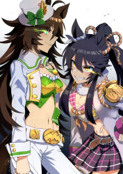Rule 34 | 2girls, ahoge, animal ears, bandaged leg, bandages, bandaid, bandaid on face, bandaid on nose, black hair, black skirt, breasts, brown hair, cape, chest sarashi, cleavage, closed mouth, coat, collarbone, commentary request, cowboy shot, crop top, cropped jacket, ear ornament, glowing, glowing eye, green eyes, green shirt, grin, groin, hair between eyes, hair ornament, hairclip, hands up, hat, highres, horse ears, horse girl, horse tail, horseshoe ornament, jacket, large breasts, leaning forward, long hair, long sleeves, looking at another, medium hair, midriff, mini hat, mini top hat, mr. c.b. (umamusume), multiple girls, narita brian (umamusume), navel, open clothes, open coat, open shirt, pants, plaid, plaid skirt, ponytail, rope, sarashi, shimenawa, shirt, sidelocks, signature, simple background, single bare shoulder, single sleeve, skirt, sleeve cuffs, smile, standing, strapless, strapless shirt, tail, teeth, top hat, tsunemi aosa, umamusume, white background, white cape, white jacket, white pants, white shirt, yellow eyes