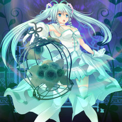 Rule 34 | 1girl, aqua eyes, aqua hair, bad id, bad pixiv id, boots, cage, choker, flower, gloves, hatsune miku, long hair, maki (seventh heaven maxion), open mouth, outstretched arm, rose, skirt, solo, thigh boots, thighhighs, twintails, very long hair, vocaloid