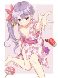 Rule 34 | 10s, 1girl, :t, absurdres, akebono (kancolle), alternate costume, armpit peek, barefoot, bell, blush, coca-cola, collarbone, cup, disposable cup, hand fan, flower, full body, hair bell, hair flower, hair ornament, hamaken. (novelize), highres, japanese clothes, jingle bell, kantai collection, kimono, long hair, looking at viewer, open clothes, open kimono, outstretched arm, paper fan, purple eyes, purple hair, side ponytail, simple background, sitting, solo, spill, tsurime, uchiwa, wide sleeves, yukata