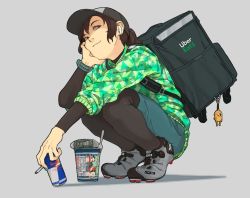 Rule 34 | 1girl, :3, adventure time, backpack, bag, bag charm, baseball cap, black bag, black bodysuit, blue nails, bodysuit, brown eyes, brown hair, character doll, charm (object), cigarette, delivery, energy drink, green jacket, hand on own cheek, hand on own face, hat, headphones, jacket, jake the dog, nail polish, original, pantyhose, red bull, shima (landsuzume), shoes, smug, sneakers, solo, squatting, uber eats, watch, wireless earphones, wristwatch
