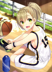 Rule 34 | 1girl, :d, absurdres, armpits, ball, bare shoulders, basketball, basketball (object), basketball uniform, bekotarou, black footwear, bottle, bra, breasts, brown hair, clothes writing, dappled sunlight, fingernails, from side, green eyes, hair ornament, highres, looking at viewer, medium breasts, open mouth, pink bra, scan, shoes, short hair, shorts, sideboob, sitting, sleeveless, smile, sneakers, solo, sportswear, sunlight, sweatband, tareme, tying shoes, underwear, water bottle, white shorts, wooden floor, x hair ornament