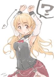 Rule 34 | 1girl, 2018, ?, armpits, arms up, artist name, blonde hair, blush, braid, breasts, brown eyes, corset, cowboy shot, dated, french braid, fyuo, kantai collection, long hair, looking at viewer, medium breasts, miniskirt, open mouth, red skirt, shirt, simple background, skirt, solo, speech bubble, thick eyebrows, wavy hair, white background, white shirt, zara (kancolle)