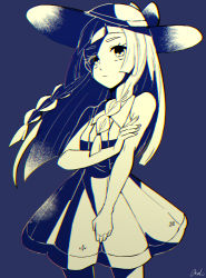Rule 34 | 1girl, bad id, bad twitter id, bare arms, blunt bangs, braid, closed mouth, collared dress, commentary request, creatures (company), dress, eyelashes, game freak, grey background, hat, highres, lillie (pokemon), long hair, nintendo, pokemon, pokemon sm, signature, sleeveless, sleeveless dress, solo, sun hat, sundress, tere asahi, twin braids