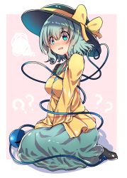 Rule 34 | 1girl, ?, ??, absurdres, black footwear, black hat, blue eyes, blush, border, bow, breasts, frilled shirt collar, frills, green hair, green skirt, hair between eyes, hat, hat bow, heart, heart of string, highres, komeiji koishi, long sleeves, looking at viewer, medium breasts, nose blush, open mouth, outside border, pink background, rpameri, shadow, shirt, shoes, short hair, simple background, skirt, solo, squiggle, touhou, white border, yellow bow, yellow shirt