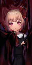 Rule 34 | 1girl, black background, black dress, blonde hair, bow, closed mouth, collar, collared shirt, curtains, dress, hair bow, hands up, highres, kapuchii, long sleeves, looking at viewer, necktie, red bow, red eyes, red necktie, rumia, shirt, short hair, solo, standing, teeth, touhou, white shirt