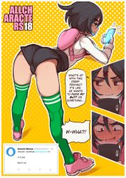 Rule 34 | 1girl, ass, bag, bent over, black hair, blush, cellphone, comic, cosmetics, english text, fisticuffs club, from behind, full body, green thighhighs, hair ornament, hairclip, half-closed eyes, kunio-kun series, misako (kunio-kun), open mouth, phone, profanity, red eyes, river city girls, school uniform, shoes, short hair, shorts, skindentation, smartphone, solo, solo focus, speech bubble, text focus, thighhighs, thighs, watermark, x hair ornament