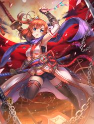 Rule 34 | 10s, 1girl, :o, amulet, battlefield, bike shorts, black shorts, black thighhighs, blue eyes, brown hair, chain, cloud, detached sleeves, fighting stance, geta, gloves, hair ornament, holding, holding sword, holding weapon, japanese clothes, jewelry, katana, kimono, kosaka honoka, leg up, lens flare, love live!, love live! school idol project, miazi, moon, obi, open mouth, orange hair, outdoors, pendant, petals, red ribbon, red sky, ribbon, rope, sash, scarf, short hair, short kimono, shorts, side ponytail, sky, smile, solo, swimsuit, sword, thigh strap, thighhighs, weapon