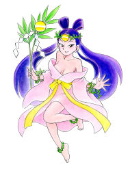 Rule 34 | 1girl, absurdres, bare shoulders, barefoot, bead anklet, bead bracelet, beads, bracelet, branch, breasts, character request, full body, highres, holding, holding branch, japanese clothes, jewelry, kiki kaikai, kimono, long hair, long sleeves, looking at viewer, medium breasts, off shoulder, official art, open mouth, pink kimono, purple hair, simple background, solo, traditional media, twintails, very long hair, white background, wide sleeves