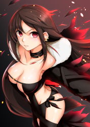 Rule 34 | 1girl, bare shoulders, black dress, black jacket, blush, breasts, brown hair, center opening, choker, cleavage, closed mouth, collarbone, dress, ear piercing, earrings, fate/grand order, fate (series), fur-trimmed jacket, fur trim, gradient background, grey background, haruhisky, highres, jacket, jewelry, large breasts, long hair, long sleeves, looking at viewer, multiple earrings, navel, piercing, red eyes, revealing clothes, ribbon-trimmed dress, solo, very long hair, yu mei-ren (fate)