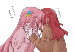 Rule 34 | 2girls, blush, bocchi the rock!, brown sweater, commentary, cube hair ornament, ear blush, gotoh hitori, hair ornament, holding hands, huzya ta, interlocked fingers, jacket, kiss, kita ikuyo, long hair, long sleeves, multiple girls, one side up, open mouth, pink hair, pink jacket, red hair, sidelocks, simple background, sweater, translated, twitter username, upper body, white background, yuri