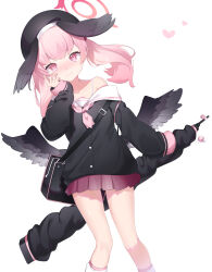 1girl absurdres aoitsuki bag beret black_bag black_wings blue_archive blush bolt_action cowboy_shot feathered_wings gun halo hand_on_own_face hat head_wings heart highres holding kneehighs koharu_(blue_archive) long_hair long_sleeves looking_at_viewer loose_socks low_wings miniskirt neckerchief off_shoulder p14_enfield pink_eyes pink_hair pink_halo pink_neckerchief pink_skirt pleated_skirt red_halo rifle sailor_collar school_uniform shirt shoulder_bag skirt sleeves_past_wrists socks solo spread_wings twintails weapon white_background white_sailor_collar white_socks winged_halo winged_hat wings