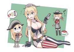 Rule 34 | 10s, 3girls, aged down, biscuit, bismarck (kancolle), blonde hair, blue eyes, brand name imitation, breasts, candy, chocolate, cleavage, elbow gloves, familymart, fingerless gloves, food, full body, garter straps, gloves, hat, iowa (kancolle), kantai collection, large breasts, long hair, miniskirt, multiple girls, pokasu, prinz eugen (kancolle), skirt, snickers (brand), star-shaped pupils, star (symbol), symbol-shaped pupils, thighhighs, wrapped candy, zettai ryouiki